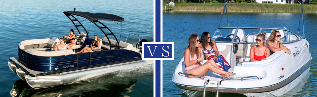 side by side view of a pontoon boat and a deck boat for comparison