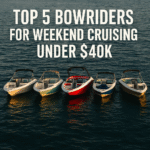 five bow rider boats floating side by side in the water