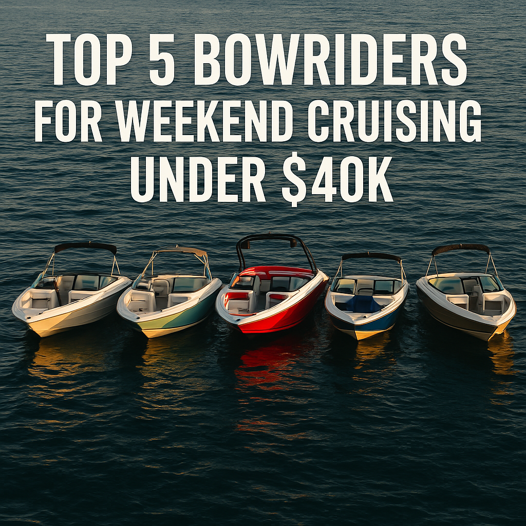 five bow rider boats floating side by side in the water